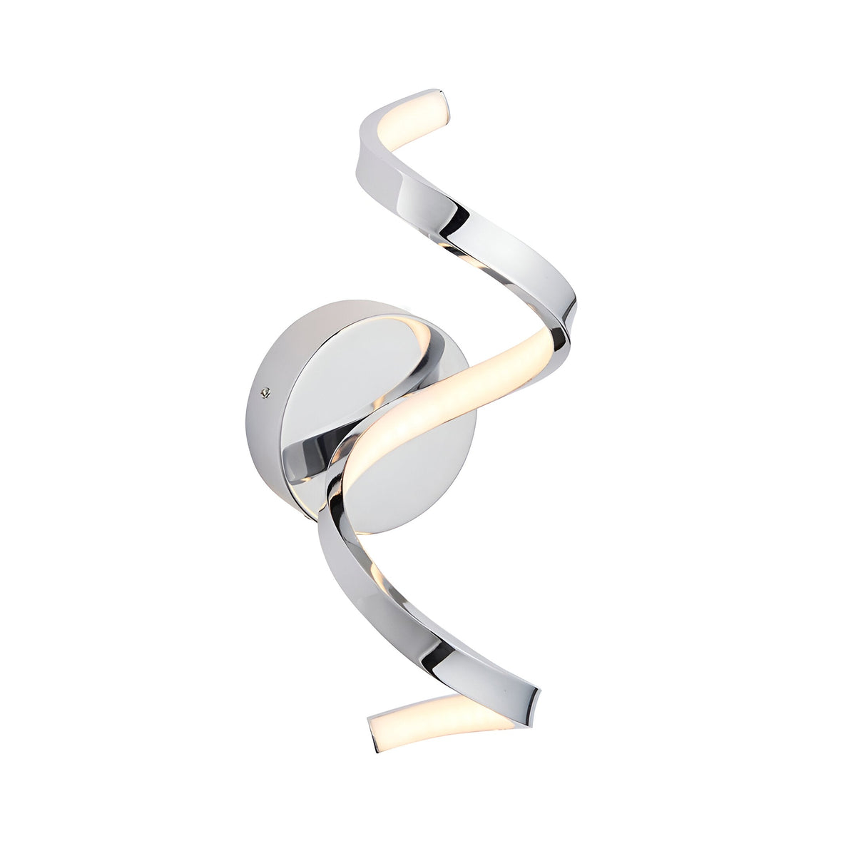 Endon Aldleigh LED wall light in chrome with a tall twisting spiral form and warm white integrated LED, mounted on a round backplate against a white background.