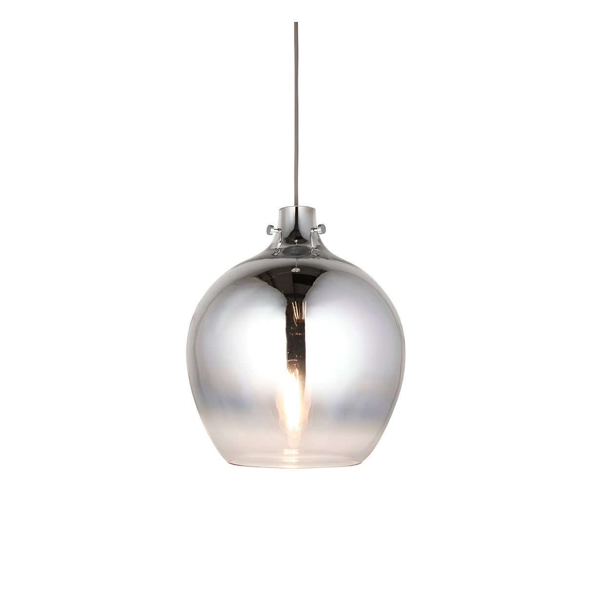 Castworth Glass Pendant in chrome, single-drop globe shade with mirrored ombre finish, chrome fittings and grey cable, on a plain white background.