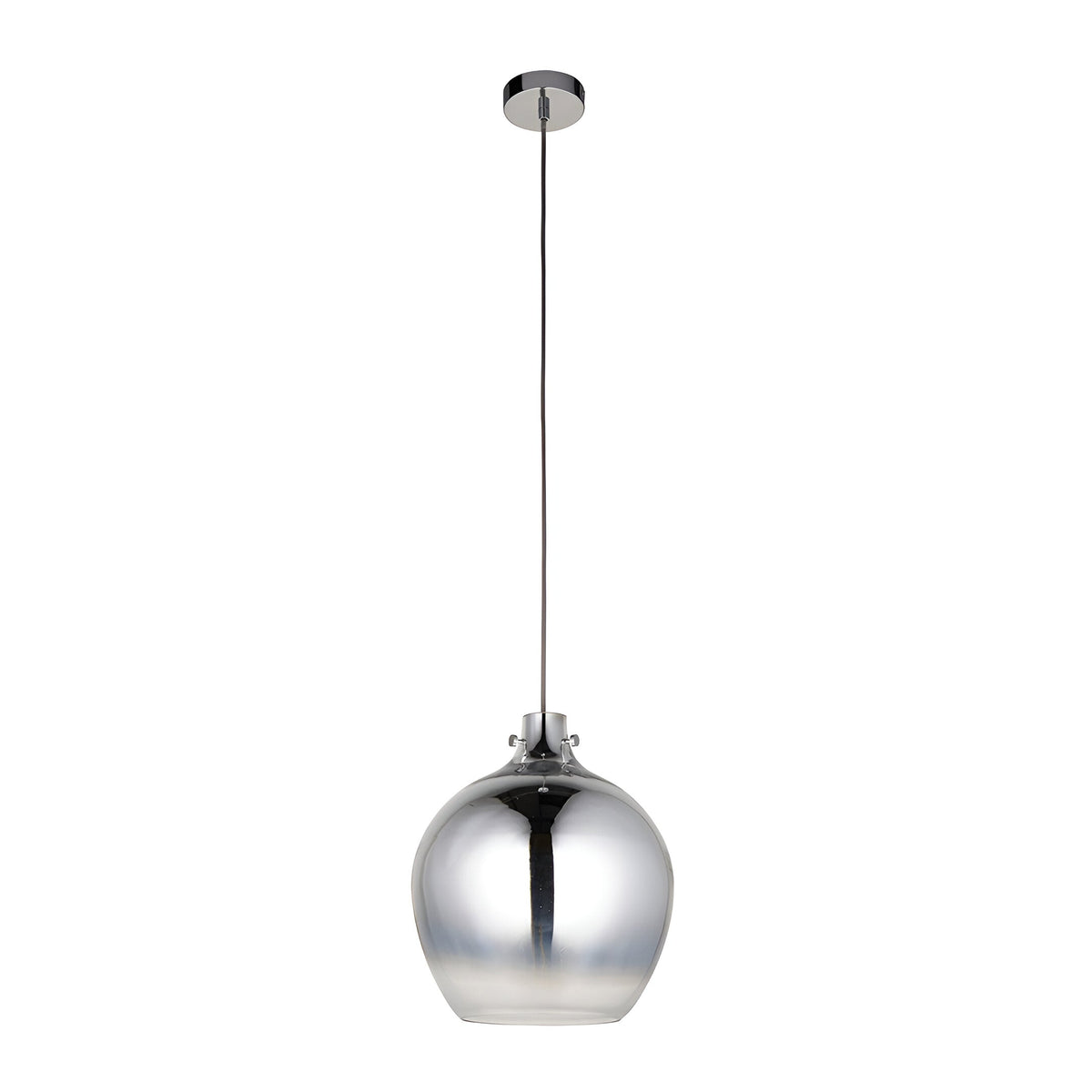 Castworth Glass Pendant in chrome, single-drop globe shade with ombre mirrored finish, chrome ceiling mount and cable, on a plain white background.