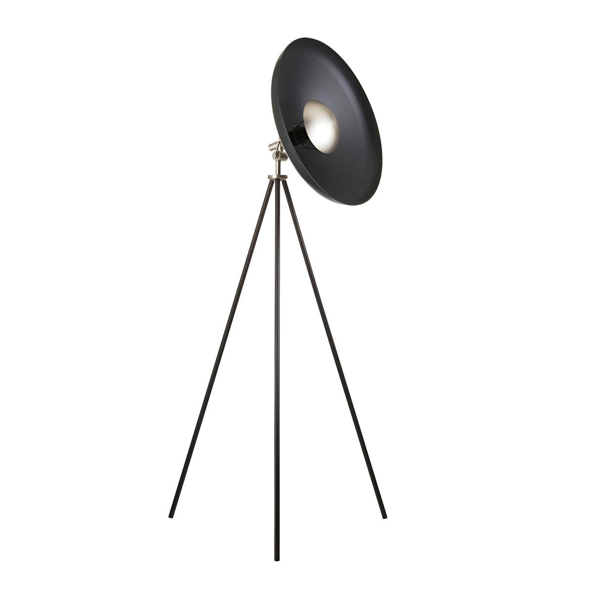 Endon Bramshaw tripod floor lamp in matt black with large domed shade, tilted head, nickel details, and slim three-legged stand on a white background.