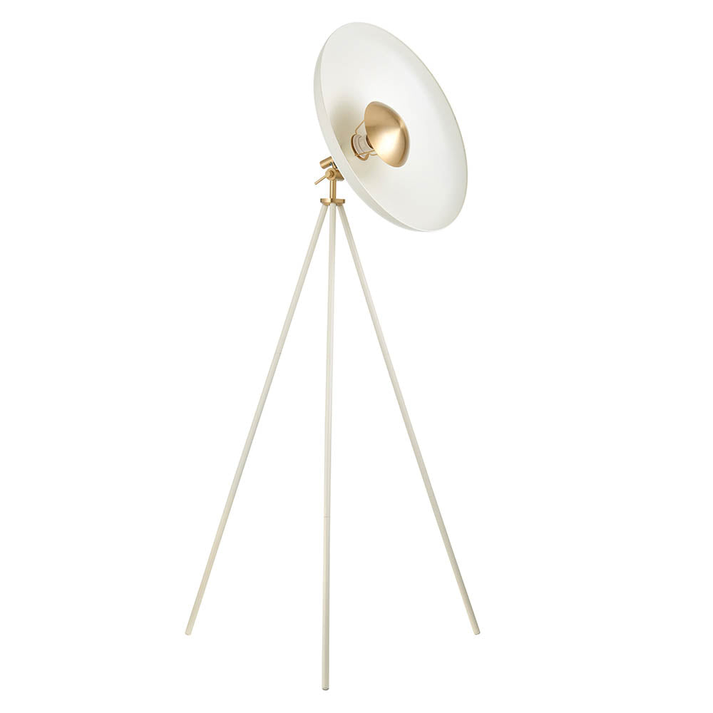 Endon Bramshaw floor lamp in white with brushed brass details, featuring a large tilted dish shade on an adjustable tripod stand, on a white background.