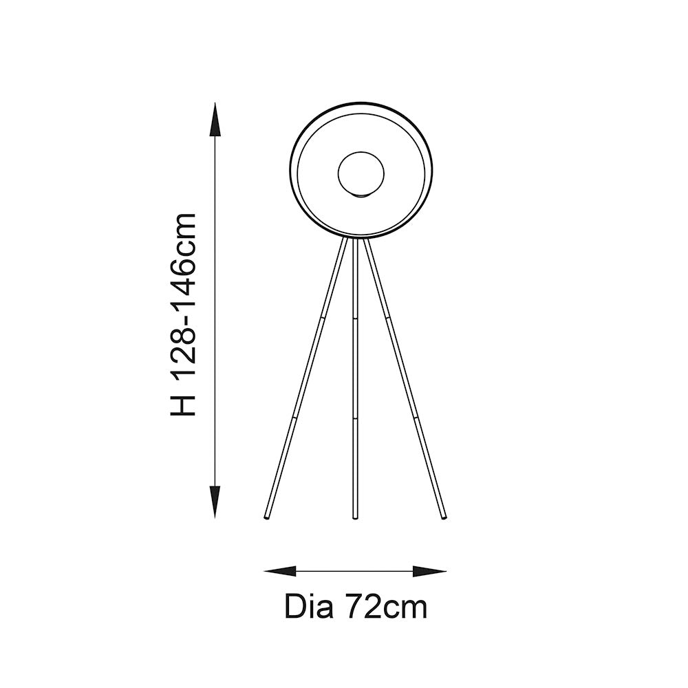 Dimension diagram of the Endon Bramshaw tripod floor lamp showing adjustable height 128-146cm and 72cm diameter on a plain white background.