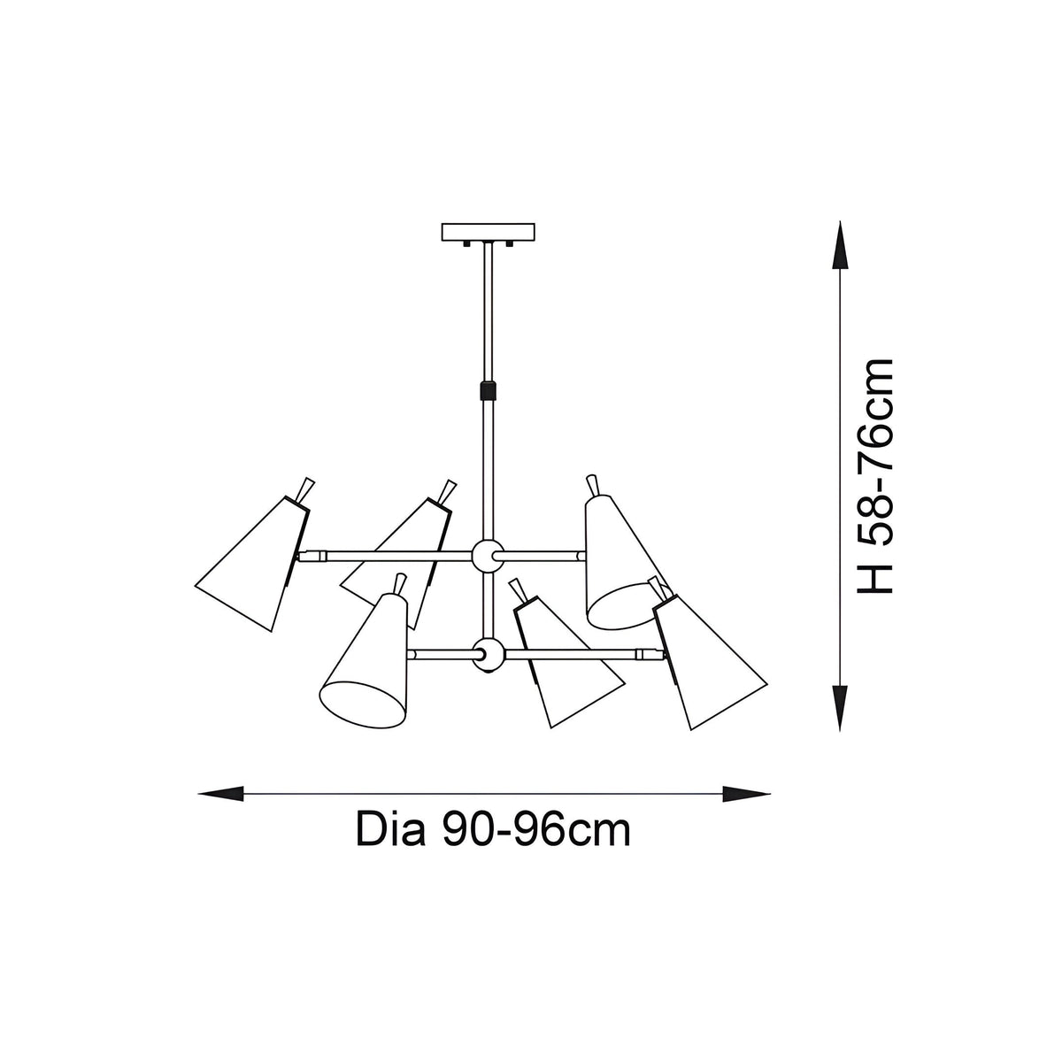 Line drawing of the Brackwick 6 Light Pendant showing six adjustable cone shades on splayed arms with dimensions, height 58-76cm and diameter 90-96cm.