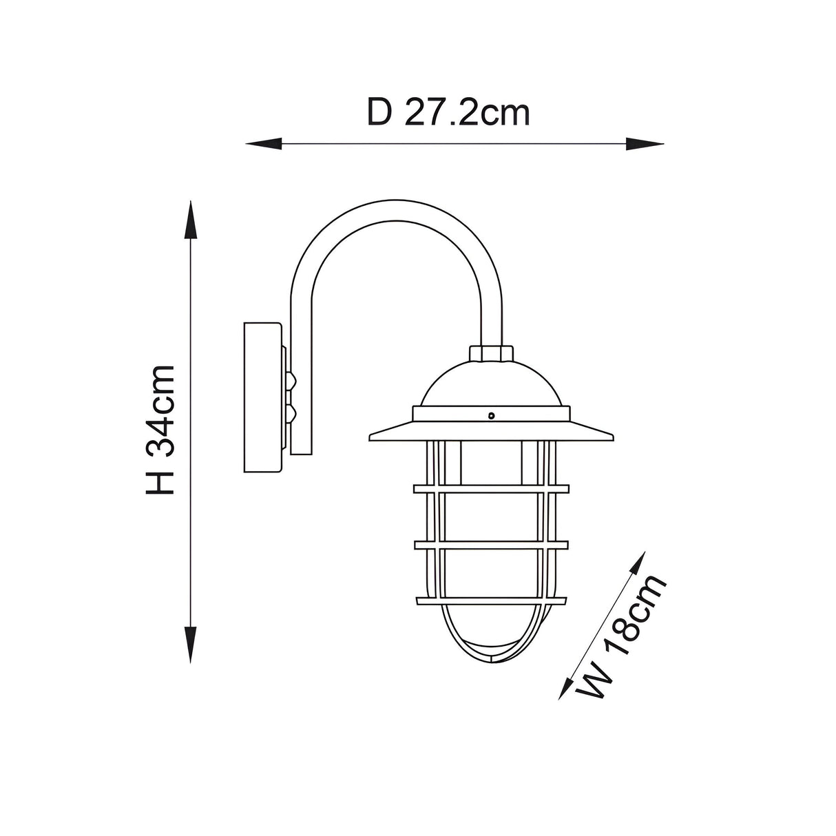 Line drawing of the Chartgrove Outdoor Wall Light in black, showing a curved arm, dome top and caged glass shade, with dimensions H 34cm, D 27.2cm, W 18cm.