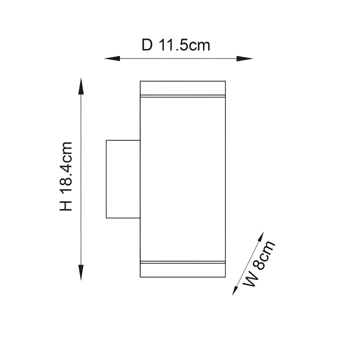 Technical line drawing of the Carlford 2 Light Outdoor Wall Light in black, showing dimensions: 11.5cm depth, 18.4cm height, 8cm width.