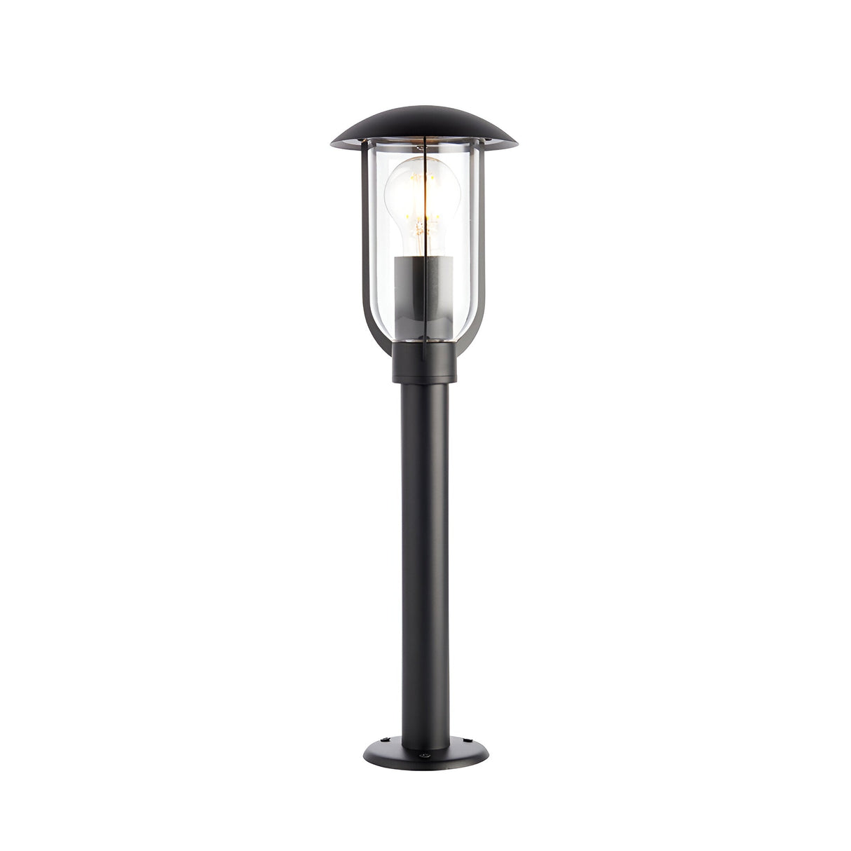 Chartley Outdoor Post Light in black textured aluminium with domed canopy and clear polycarbonate shade, slim pole with round base, on white background.