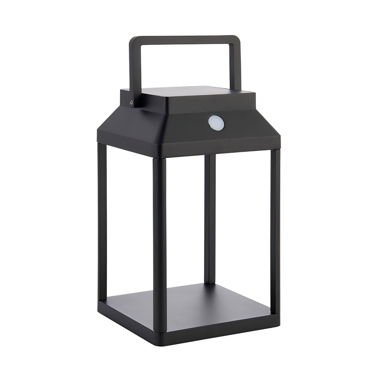 Caldshaw black LED solar table lamp with open-frame lantern design, square base, top handle, and integrated diffuser panel, on a white background.