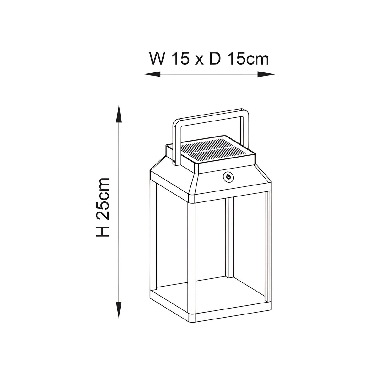 Line drawing of the black Caldshaw LED Solar Table Lamp, lantern-style frame with carry handle, top vents and glass panels, W15 x D15 x H25cm.