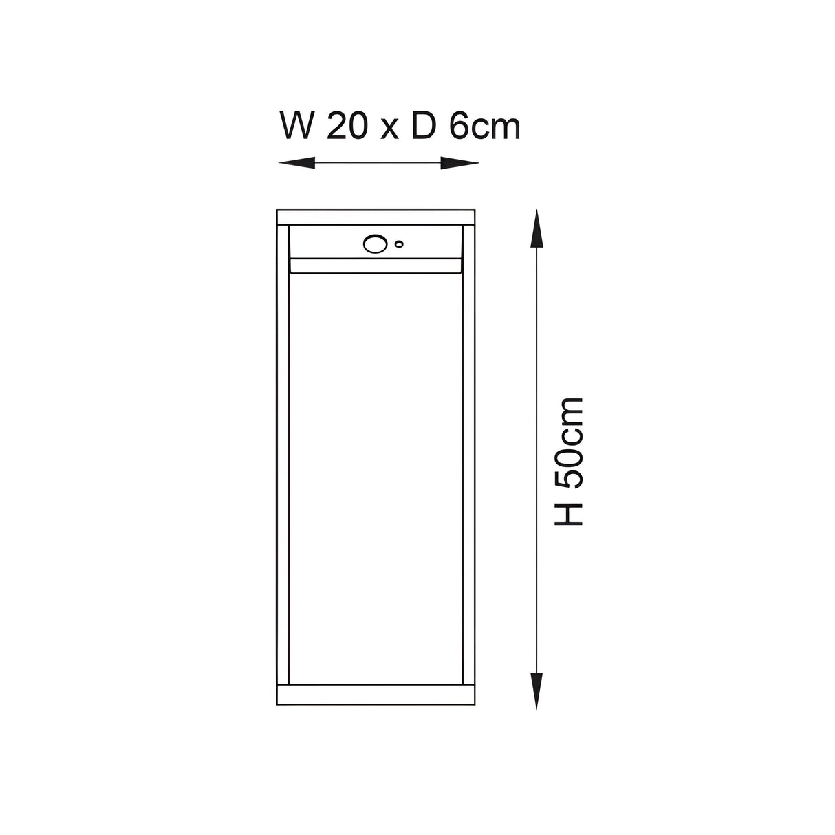 Dimension diagram of the Endon Blythe LED solar bollard post light showing 20cm width, 6cm depth and 50cm height on a white background.