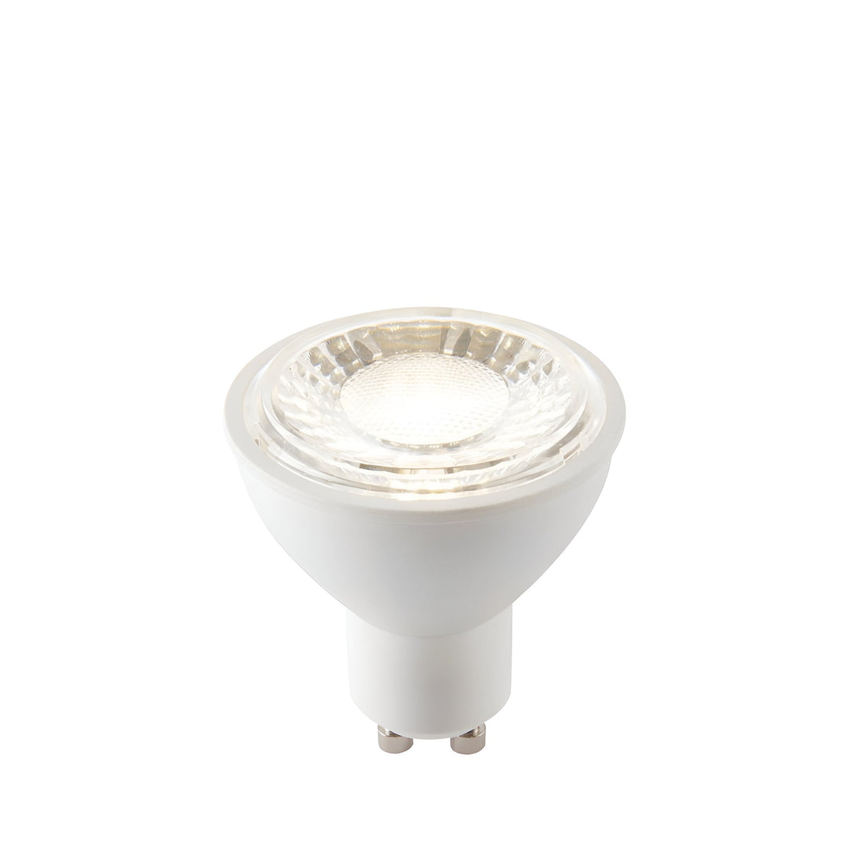 Endon 7W GU10 LED bulb in dimmable cool white, with a white plastic body, twist-and-lock base and clear faceted reflector lens, on a plain background.