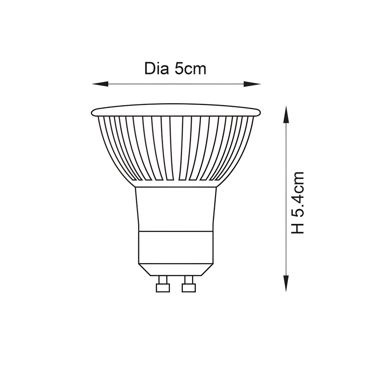 Technical line drawing of the Endon 7W GU10 LED bulb showing a 5cm diameter and 5.4cm height on a plain white background.