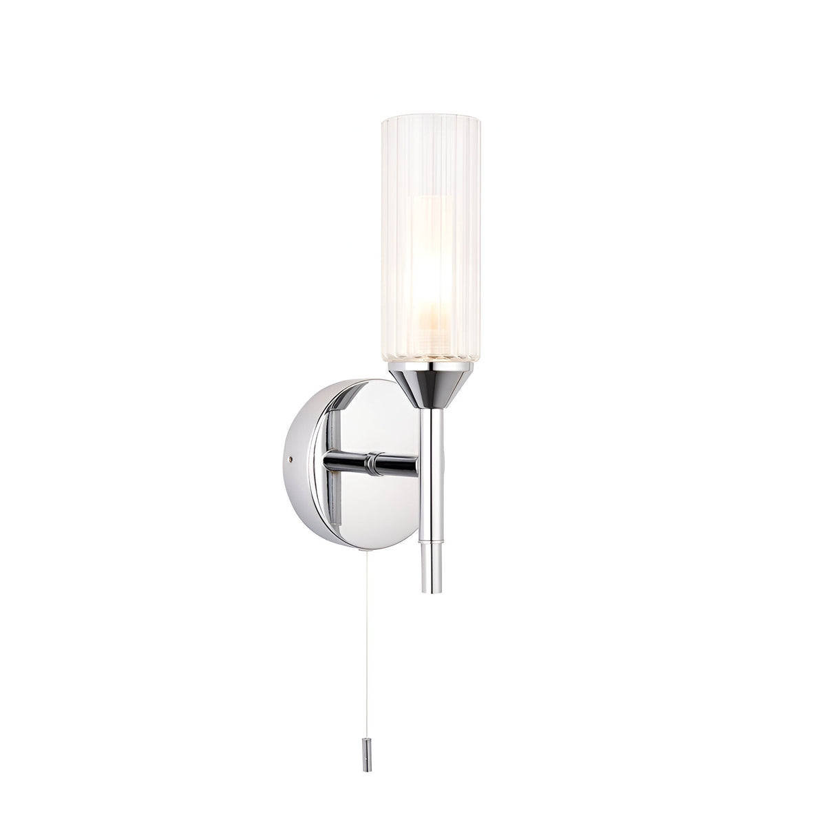 Endon Castbourne bathroom wall light in polished chrome with an upright torch design, ribbed glass shade, frosted inner diffuser, and pull switch.