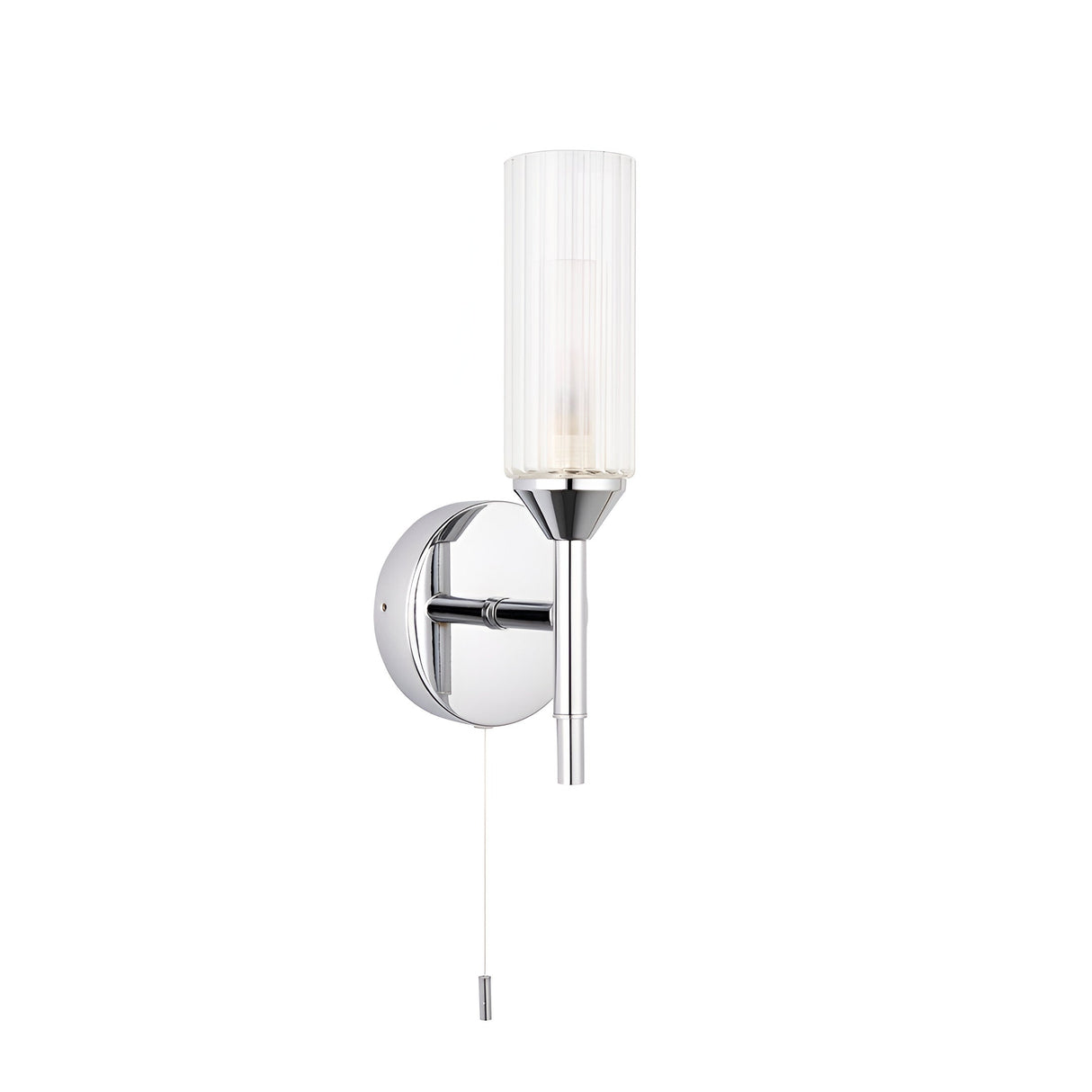 Endon Castbourne bathroom wall light in polished chrome with an upward torch design and ribbed glass shade with frosted inner diffuser and pull switch.