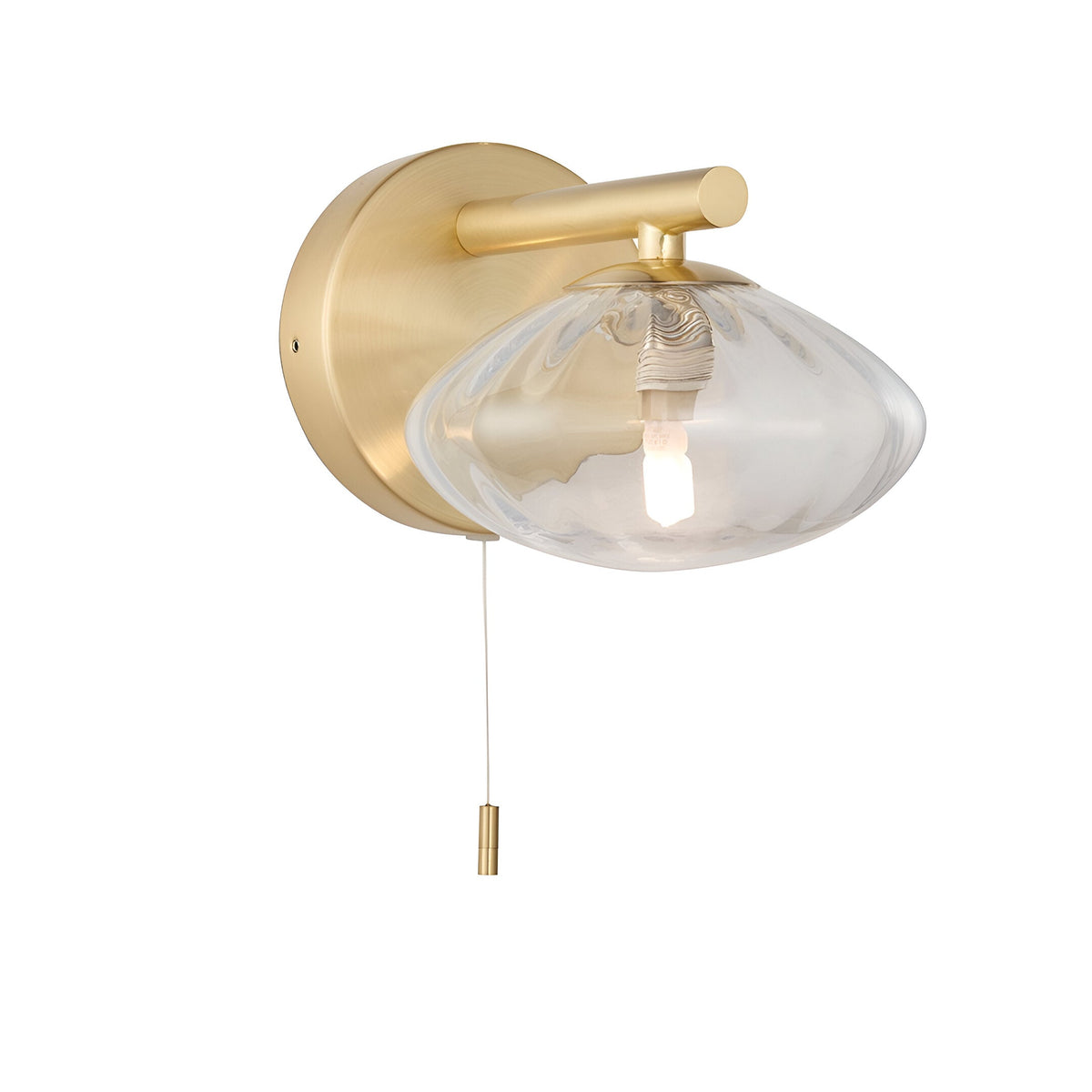 Carlmont Bathroom Wall Light in satin brass, with a single ribbed glass shade, pull cord switch, and round wall plate on a white background.