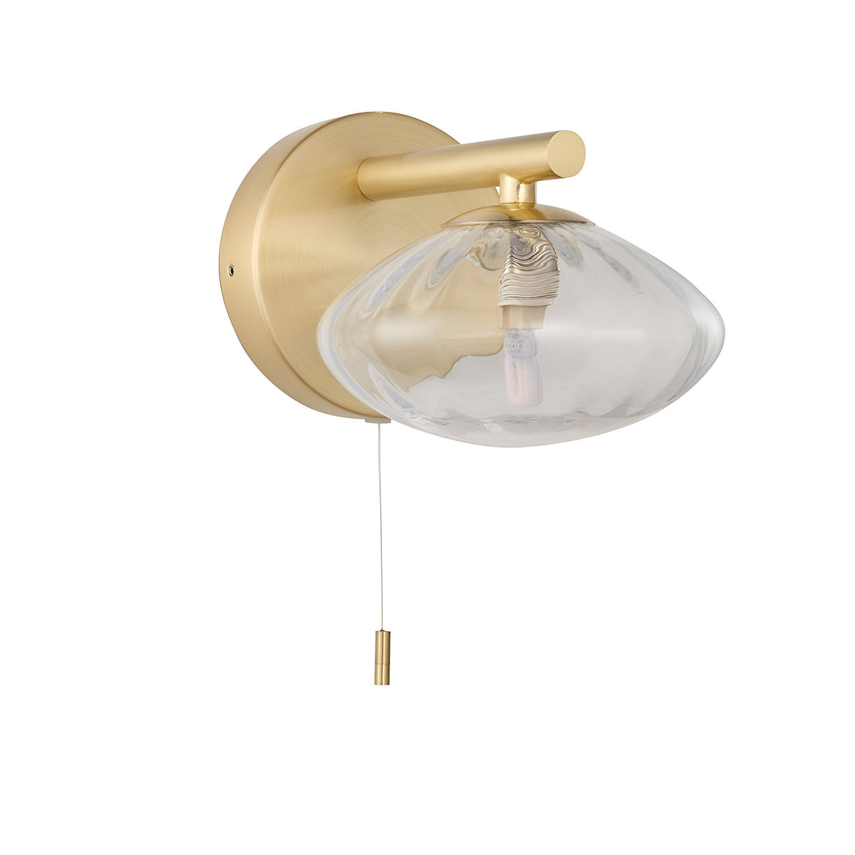 Carlmont Bathroom Wall Light in satin brass, featuring a single rod arm, ribbed oval glass shade and pull cord switch, shown on a plain white background.
