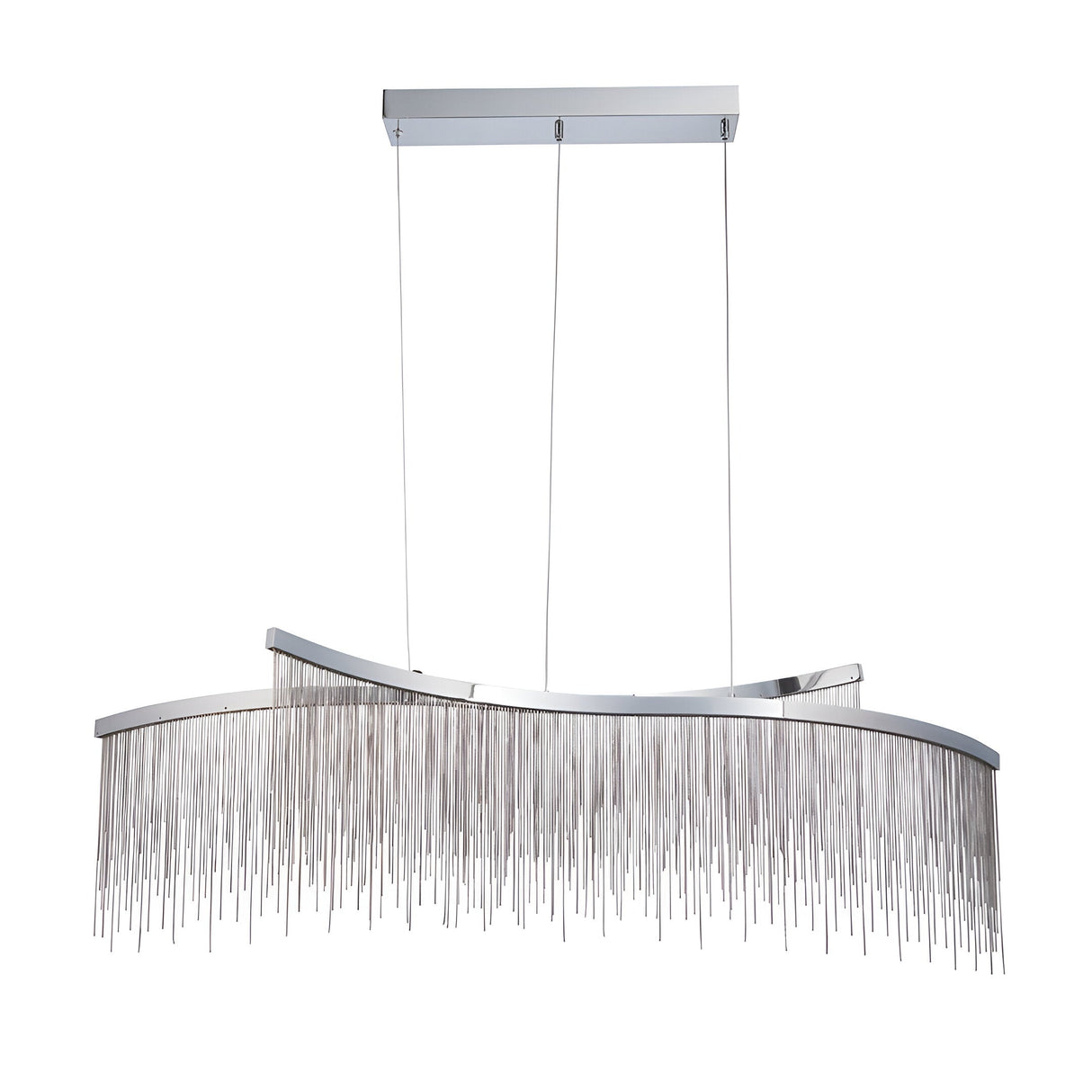 Endon Caststead linear pendant in polished chrome with a waterfall of fine silver chains suspended from a curved bar on clear flex, on a white background.