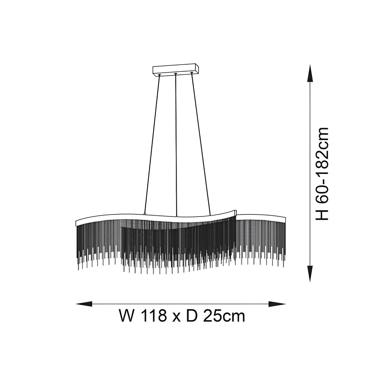 Dimension diagram of the Endon Caststead linear pendant showing 118cm width, 25cm depth, and adjustable 60–182cm height.
