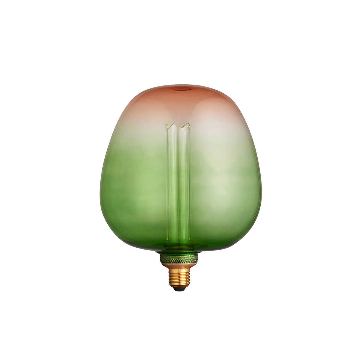 Endon 2.8W E27 LED filament globe bulb with green-to-pink ombre glass and brass screw cap, shown on a plain white background.