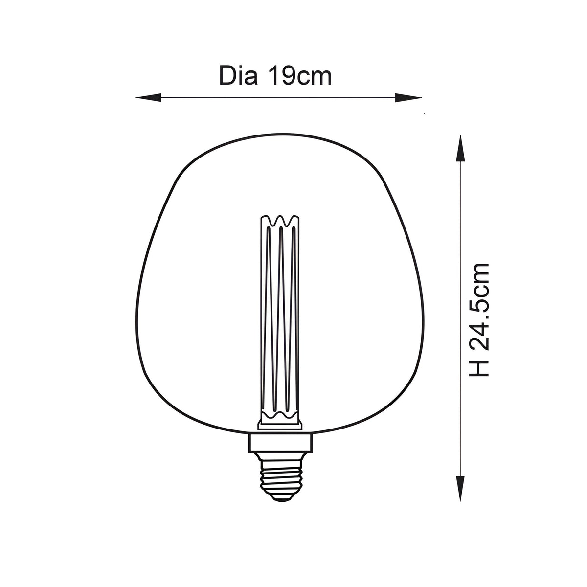 Endon 2.8W E27 LED filament bulb technical diagram showing rounded ombre glass shape with 19cm diameter and 24.5cm height on a white background.
