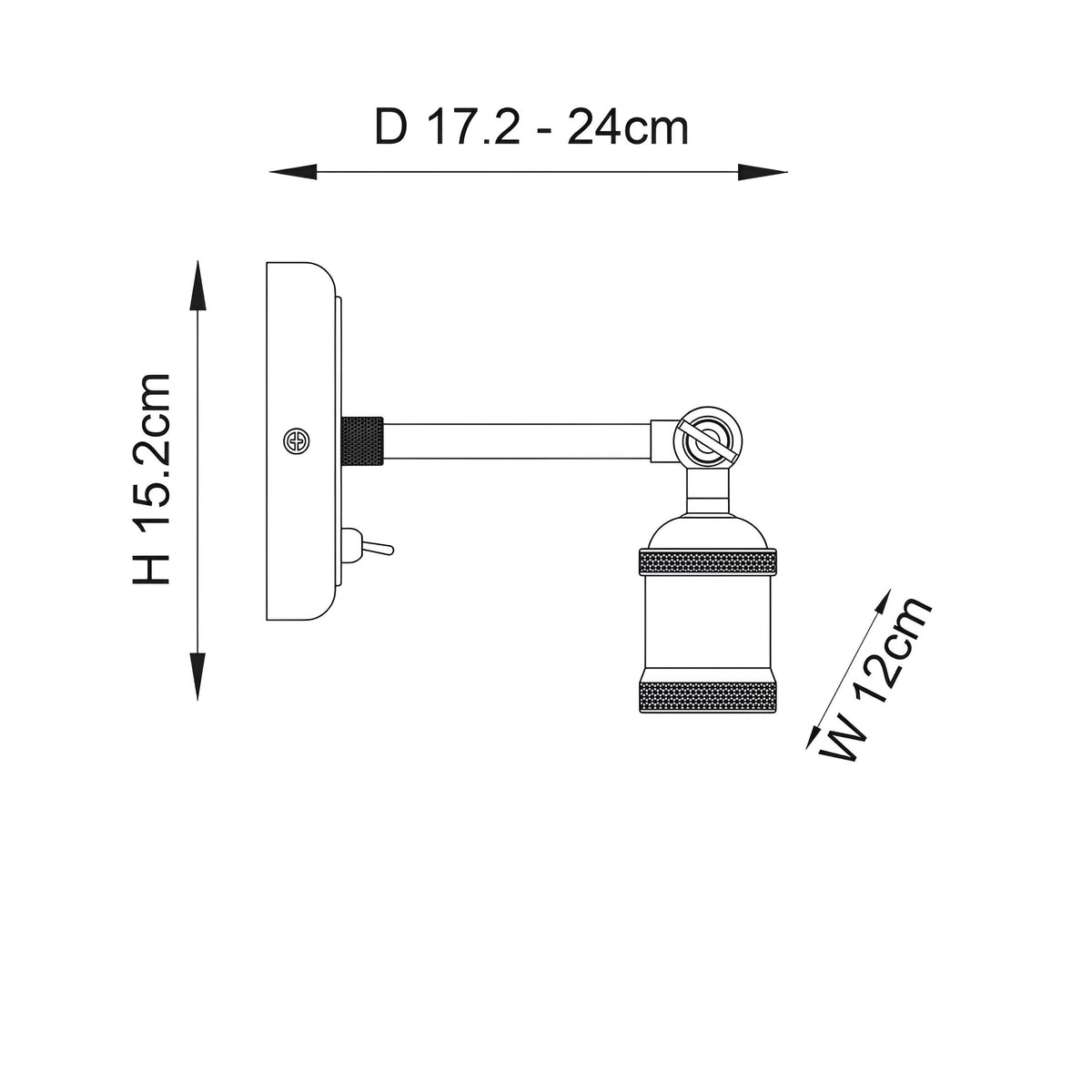 Technical line drawing of the Brackley wall light in antique brass showing an adjustable arm, single E27 fitting, and dimensions H15.2cm, D17.2-24cm, W12cm.