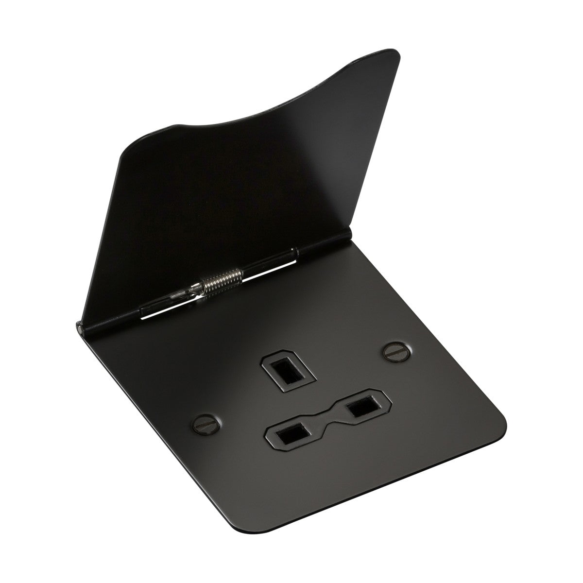 Introducing the 13A 1 Gang Unswitched Floor Socket - Matt Black (Black Insert), this stylish accessory offers a sleek, matt black finish. Designed with an open folding metal framework and equipped with a durable hinge, it includes strategically placed cutouts and holes for secure mounting. It is the perfect choice for supporting devices or materials upright, combining both style and practicality.
