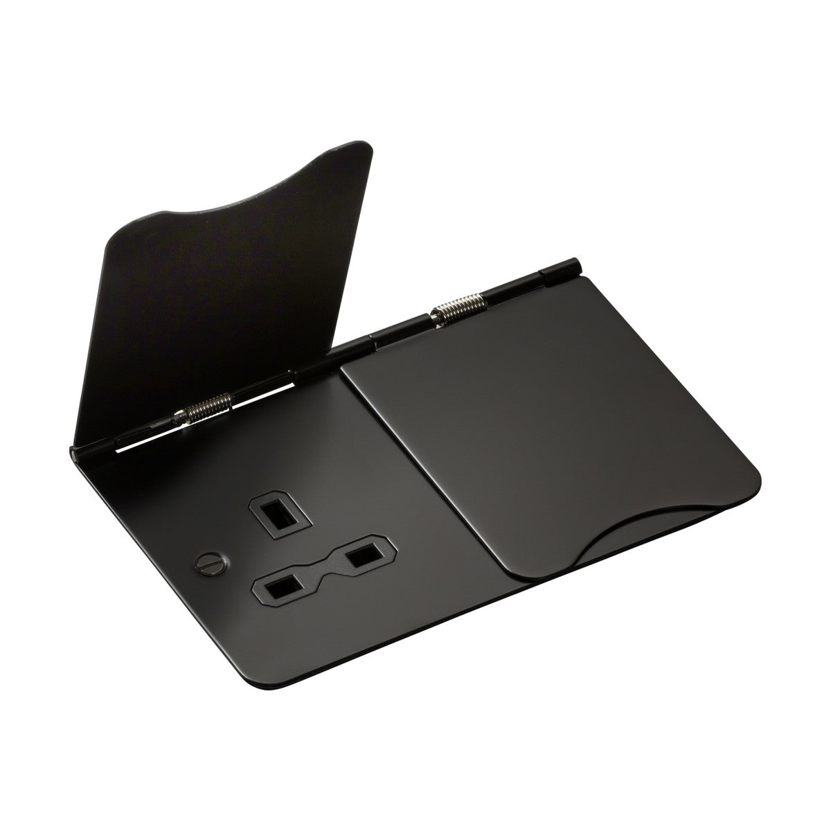 A sophisticated matt black floor socket featuring a 13A 2 gang unswitched design with a sleek appearance.