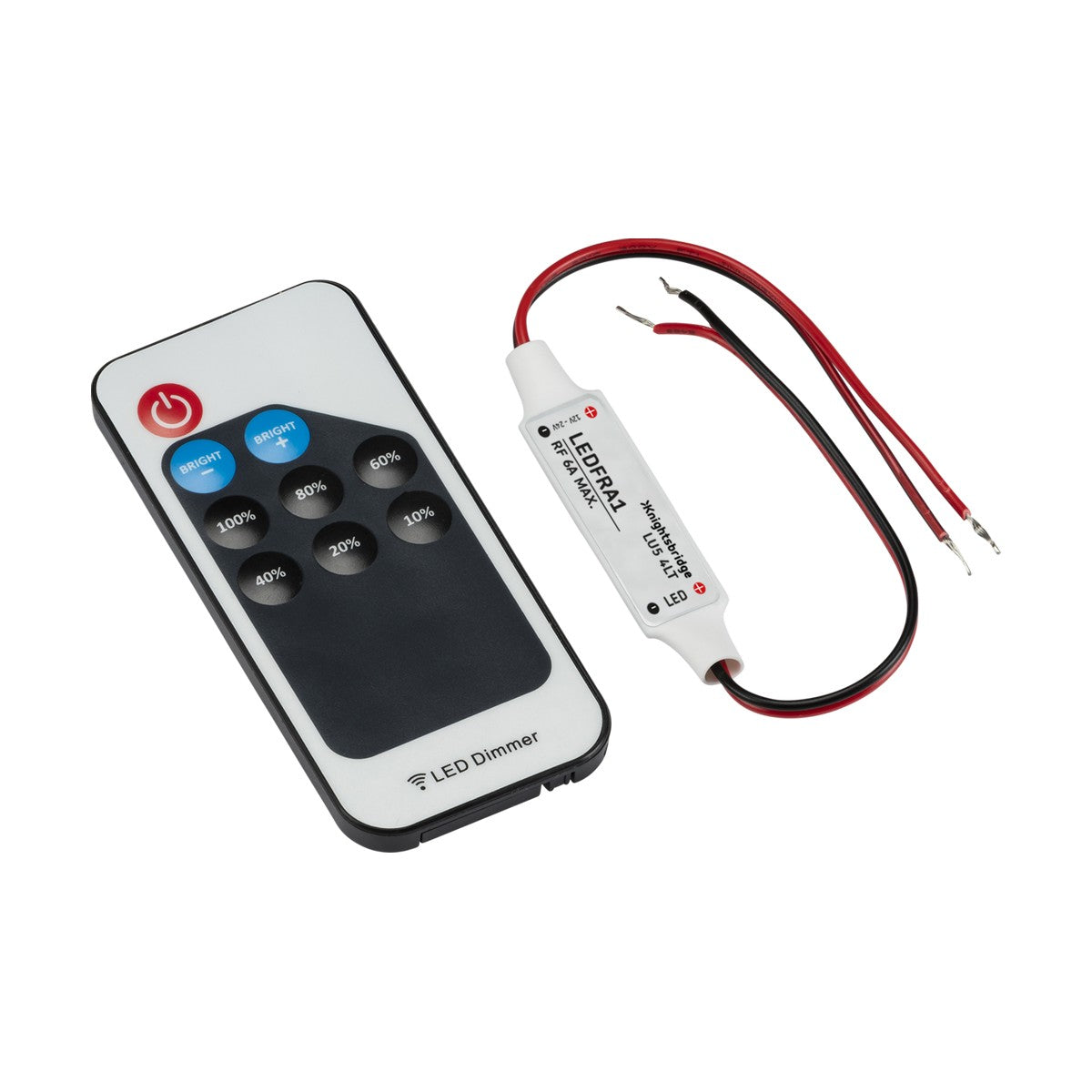 The 12V/24V In-Line RF Controller & Remote - Dimmer Single Colour is a black and white remote control designed to manage your dimmable LED flex lighting. It features buttons for adjusting brightness levels and includes a wired dimmer module with two red and black wires for easy installation.
