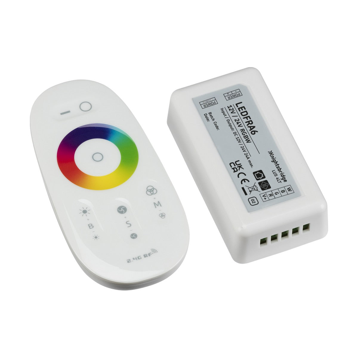 The 12V/24V RF Touch Controller & Remote - RGBW features a sleek white remote with a circular, multicolored touchpad and various buttons, perfect for complementing the white rectangular controller device adorned with text, ports, and certification markings. This touch panel remote is ideal for seamless management of your RGBW LED flex setup.