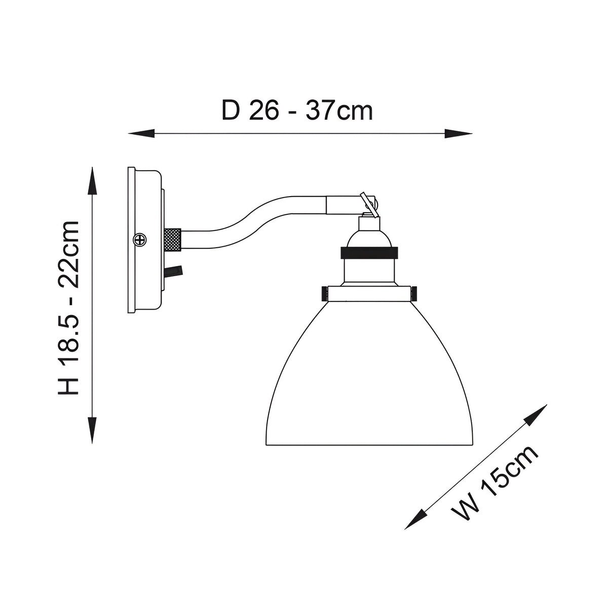 Endon Wentworth wall light dimensions diagram showing height 18.5-22cm, depth 26-37cm and width 15cm on a plain white background.