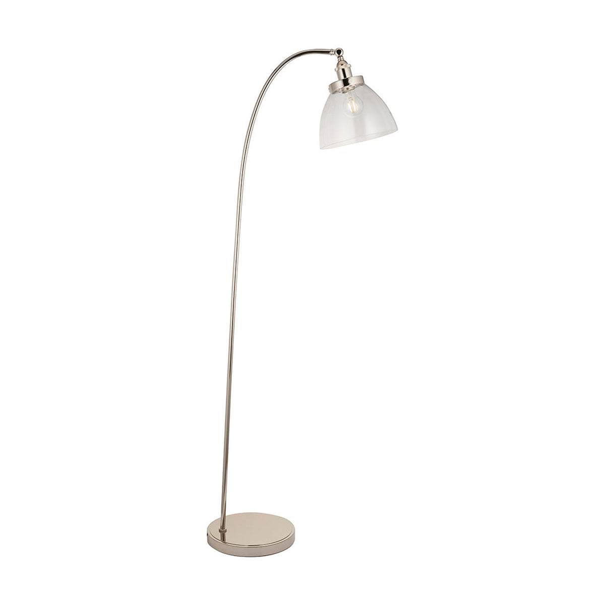 Endon Wentworth floor lamp in nickel with a tall arched stem, round base, adjustable knuckle and clear glass shade with E27 bulb, on a white background.