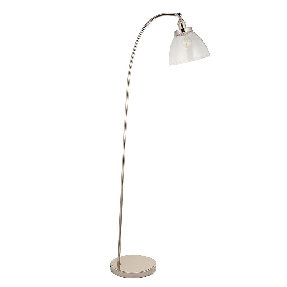 Endon Wentworth floor lamp in nickel with an arched stem, round base, adjustable knuckle and clear glass shade over an E27 filament bulb, on a white background.