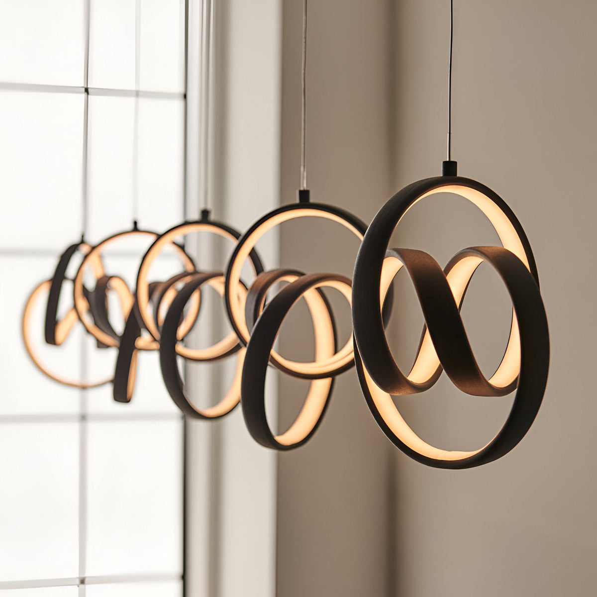 Bevwell 5 Light Linear Pendant in matt black metal, looped ring forms with integrated LED lighting, hung near a window in a neutral room.