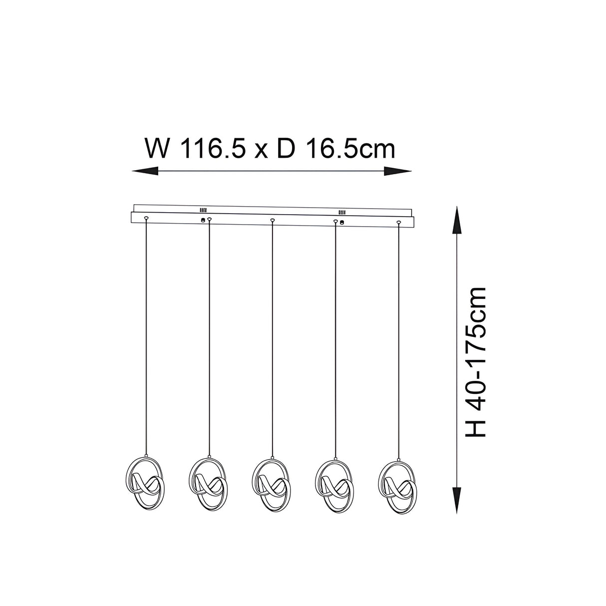 Line drawing of the Bevwell 5 light linear pendant showing matt black bar with five drop cables to looped shades, dimensions W116.5 x D16.5cm, H40-175cm.