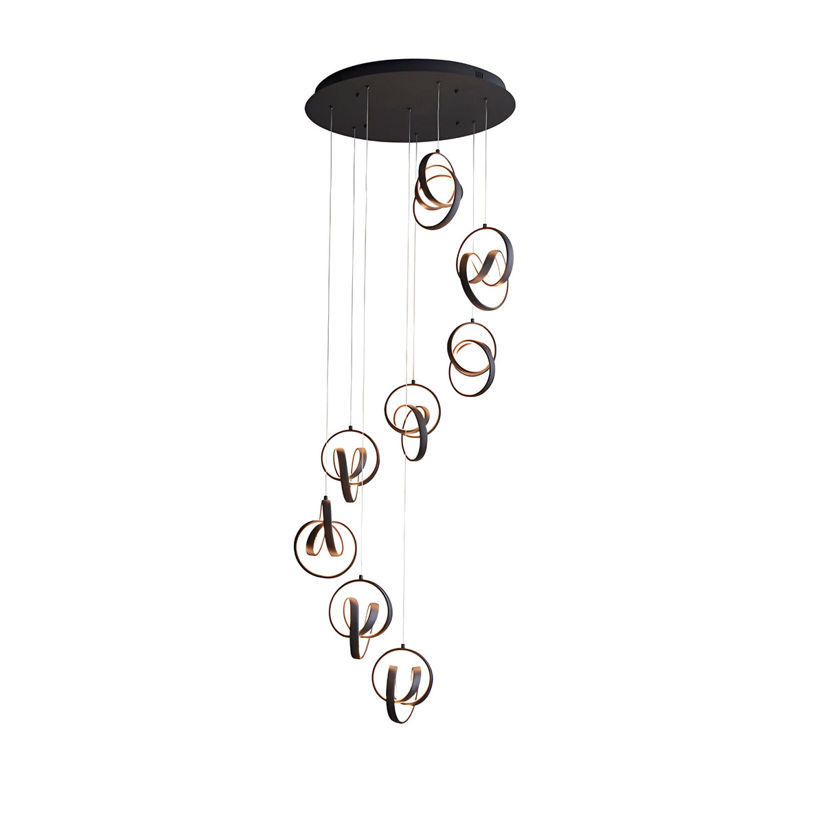 Endon Bevwell 8 light pendant in matt black, featuring a cascading cluster of looped metal rings with integrated LEDs on adjustable clear flex drops.