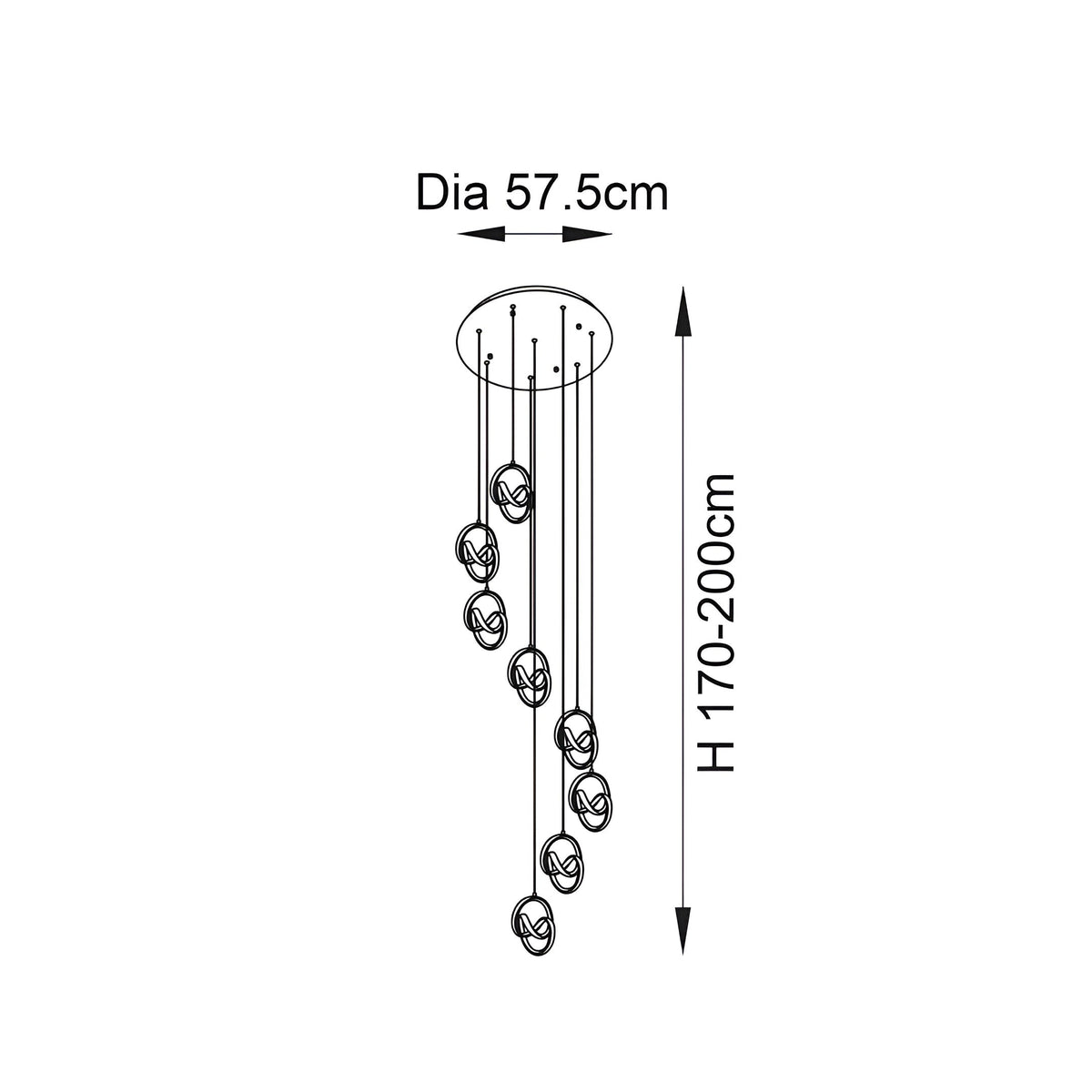 Dimension diagram for Endon Bevwell 8 light pendant showing 57.5cm diameter canopy and adjustable 170-200cm drop height with spiralling looped fittings.