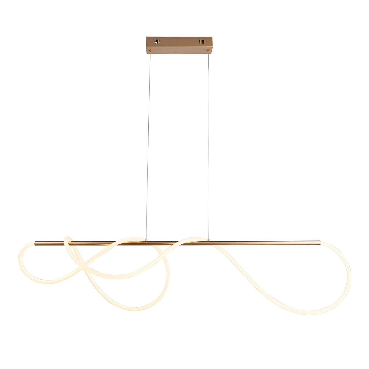Aldley Linear Pendant in satin gold with a flexible LED tube looped into curved waves beneath a slim bar, suspended on twin cables.