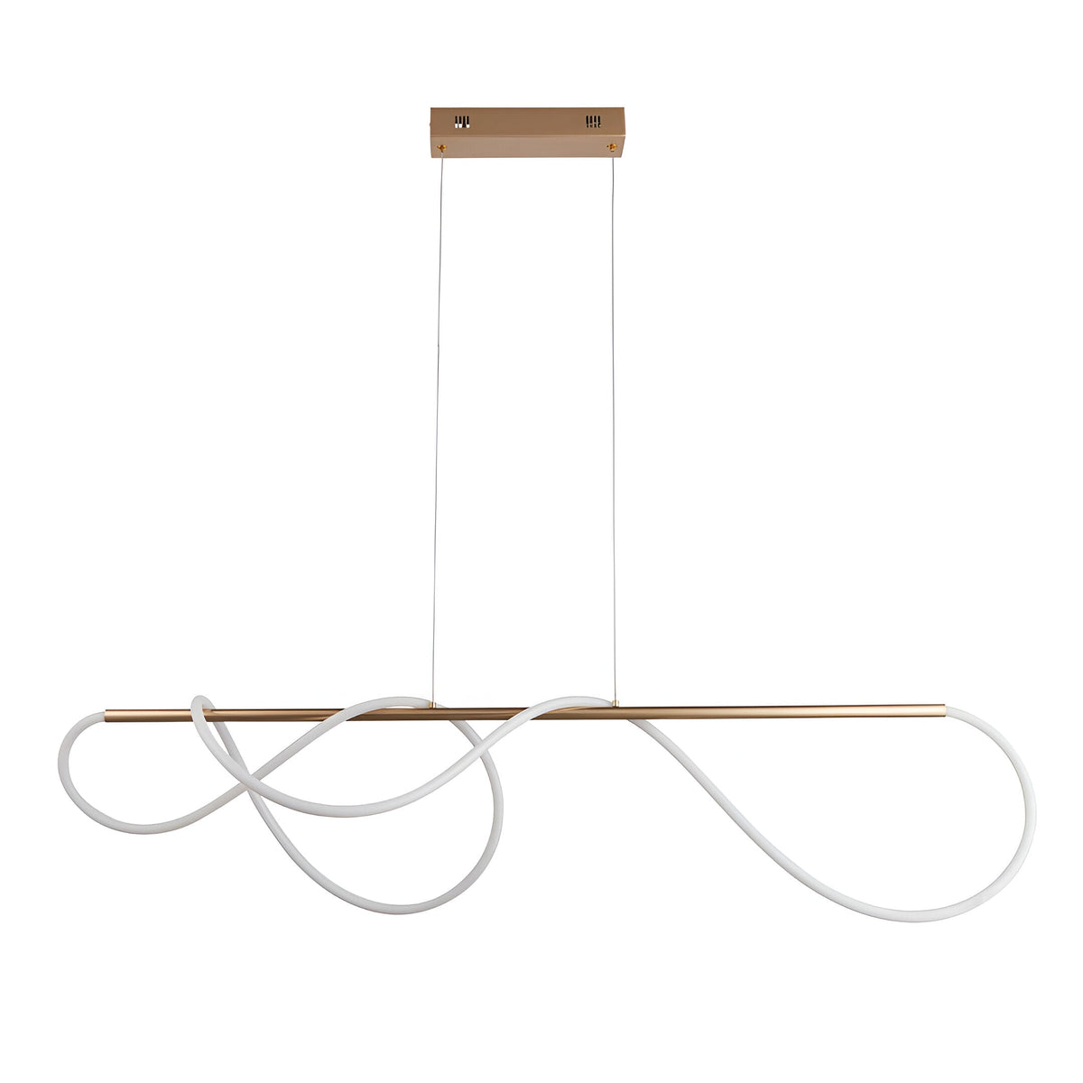 Aldley Linear Pendant in satin gold with a rigid metal bar and flexible white silicone LED tube looped, suspended on twin cables.