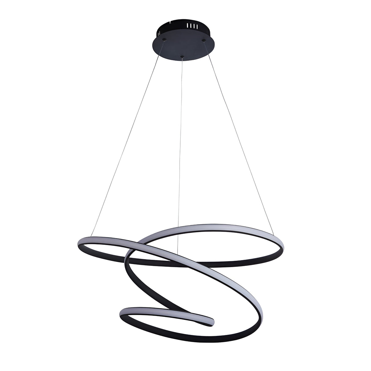 Endon Halden pendant light with a looped textured black frame and white LED diffuser, suspended from a black ceiling rose on a plain background.