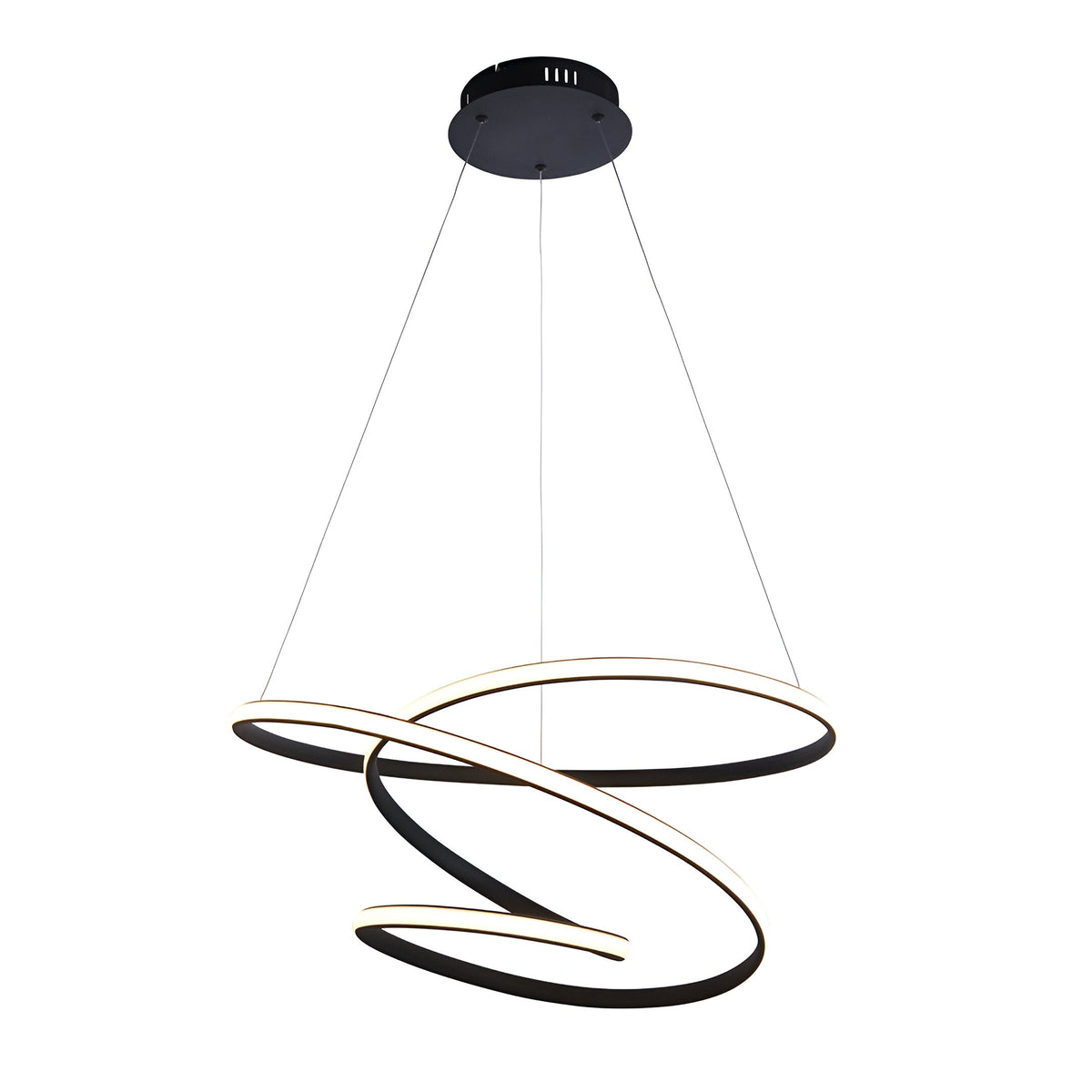 Endon Halden pendant light with a sculptural looped black frame and integrated LED strip, suspended from a round ceiling plate on a plain background.