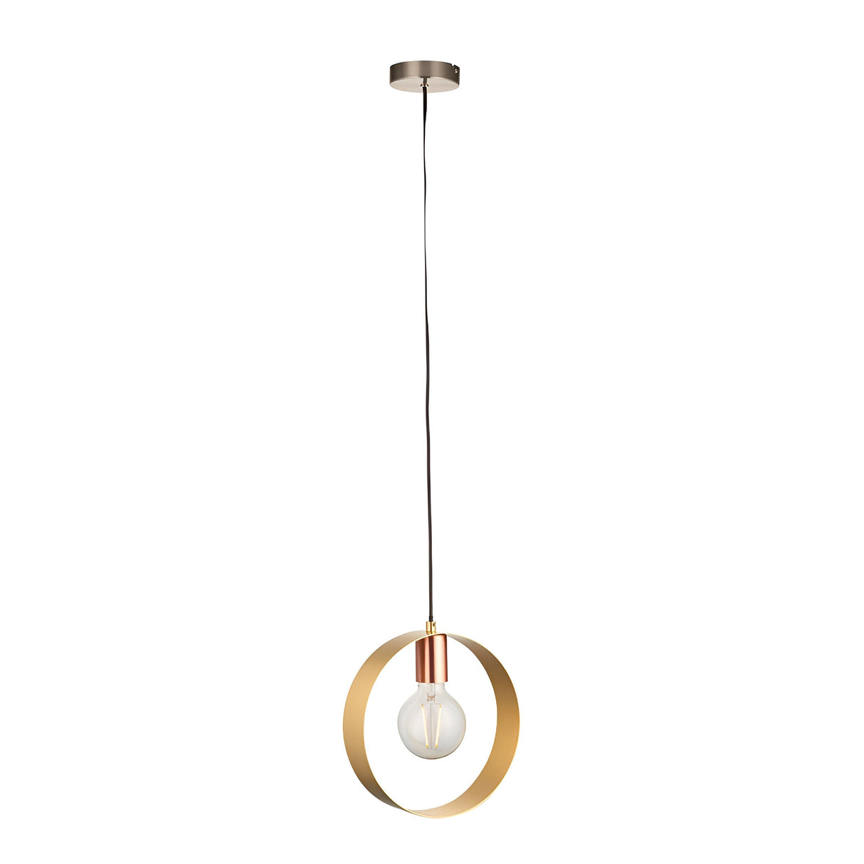 Brenmere Pendant Light with a single open brass hoop, copper socket, bare filament bulb, nickel ceiling rose, and black cable on a white background.