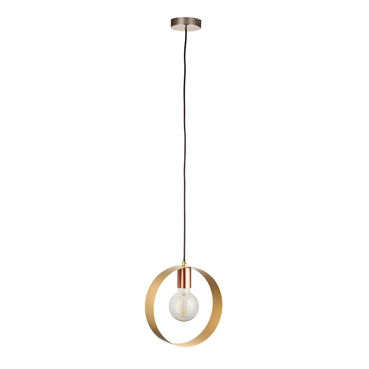 Brenmere Pendant Light with brushed brass open hoop frame, copper lamp holder and nickel ceiling rose, holding a bare filament bulb on a plain white background.