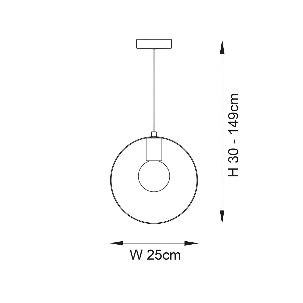 Line drawing of the Brenmere pendant light showing an open circular hoop frame with a single E27 bulb, adjustable drop from 30-149cm and 25cm width.