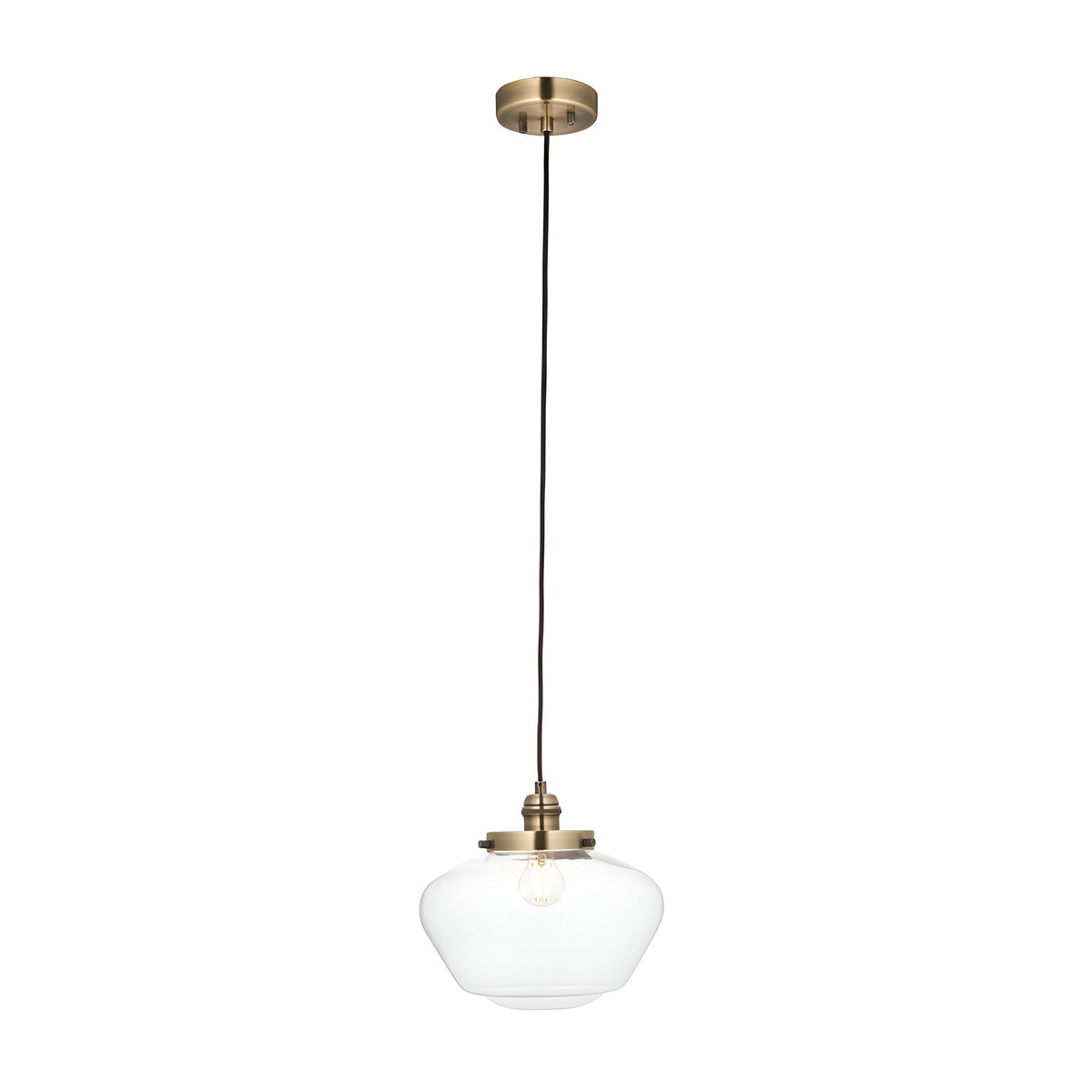 Kedleston Pendant in brass with a schoolhouse-shaped clear glass shade, black cable and ceiling rose, shown on a plain white background.
