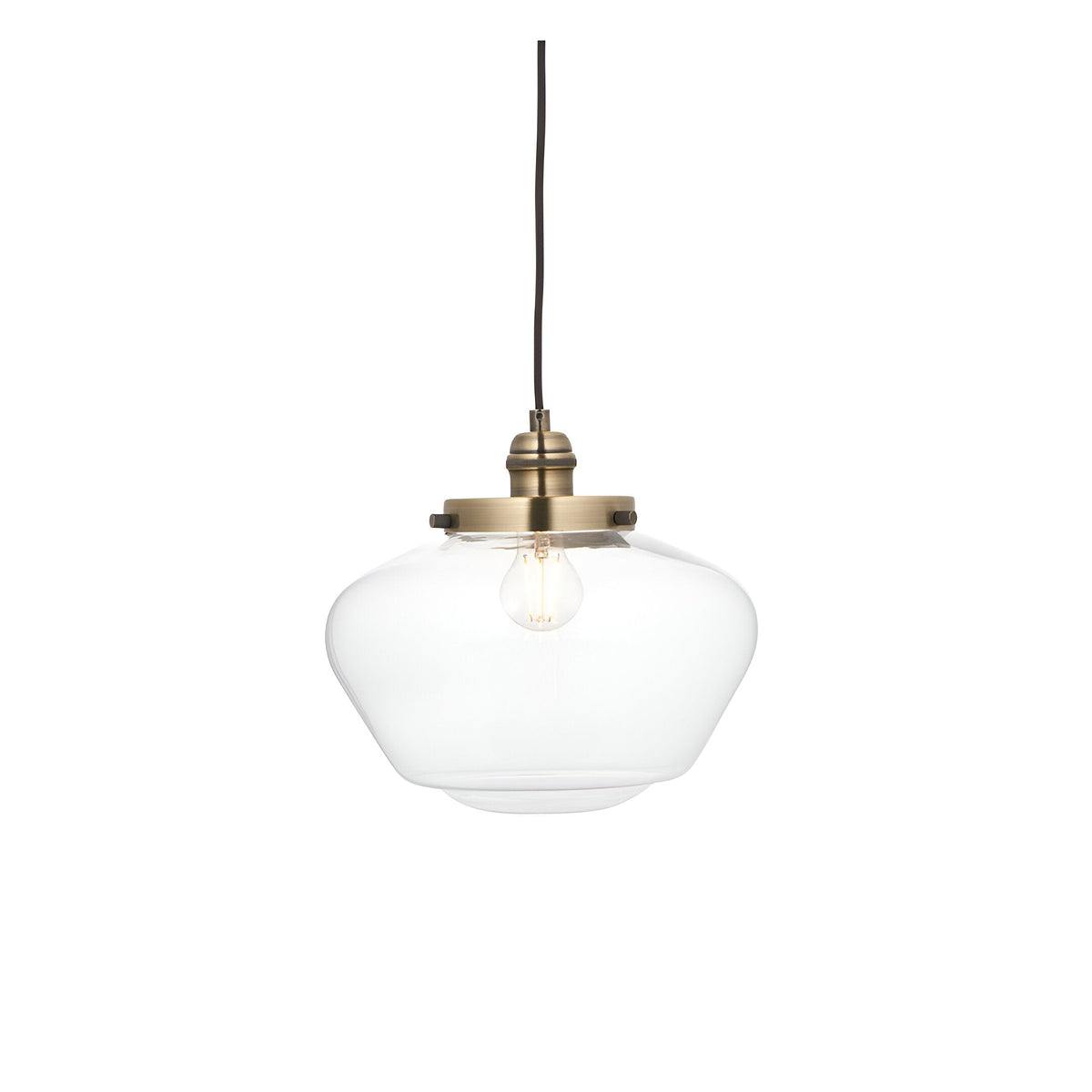 Kedleston Pendant light with a schoolhouse-shaped clear glass shade and brass fitting, single E27 bulb visible, shown on a plain white background.