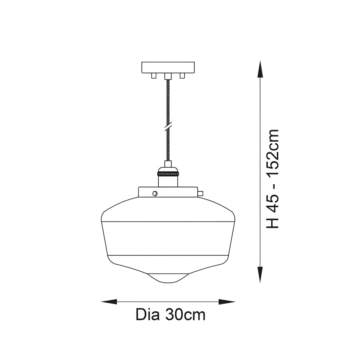 Line drawing of the Kedleston Pendant in brass with a schoolhouse-shaped clear glass shade, showing 30cm diameter and 45-152cm height dimensions.