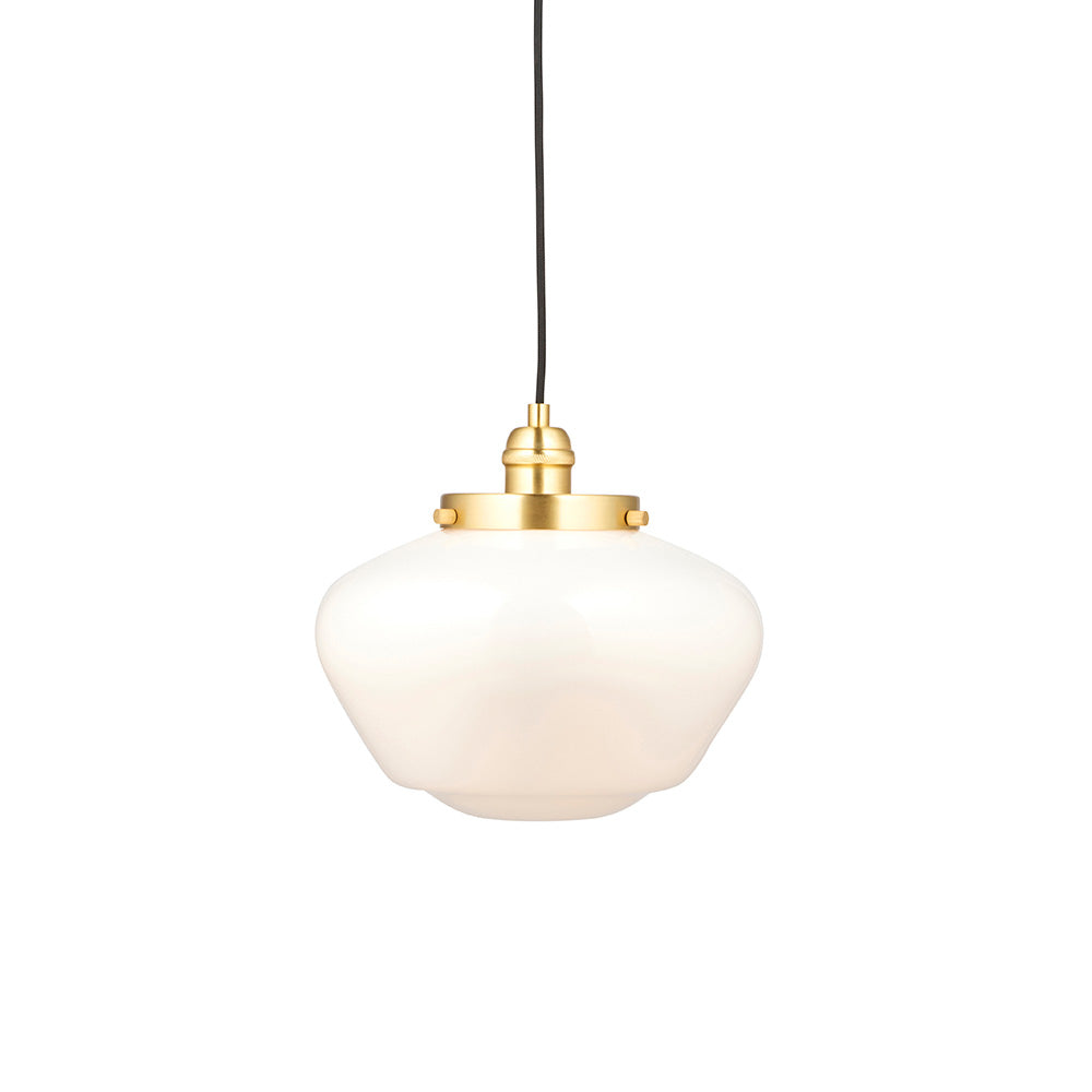 Endon Kedleston pendant light with a brass plated fitting, rounded opal glass school house shade, and black fabric flex on a white background.