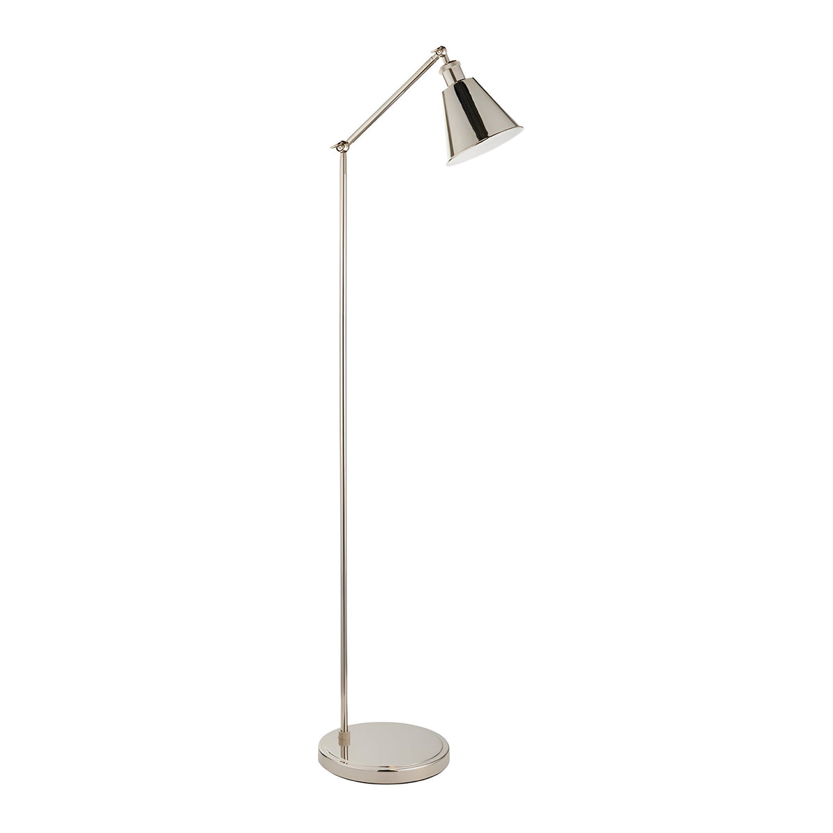 Endon Brackley floor lamp in bright nickel with adjustable arm and head, tapered shade, round base, on a plain white background.
