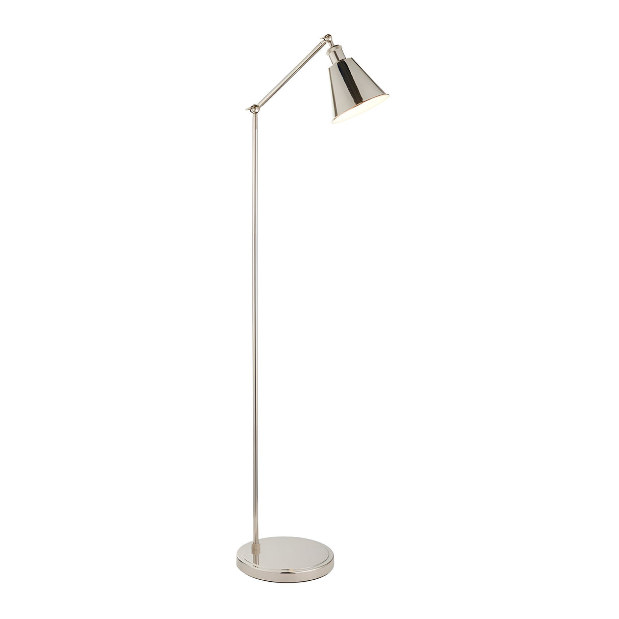 Endon Brackley floor lamp in bright nickel with adjustable arm and conical shade, shown against a plain white background.