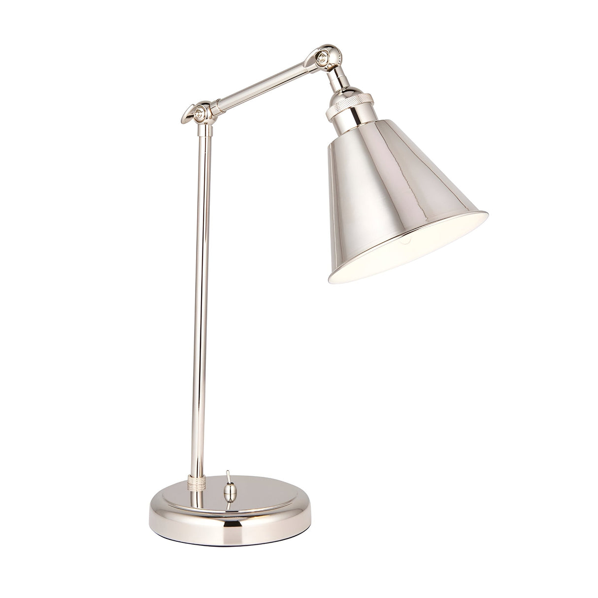 Endon Brackley table lamp in bright nickel with adjustable arm, conical shade, knurled detailing and round base, shown on a plain white background.
