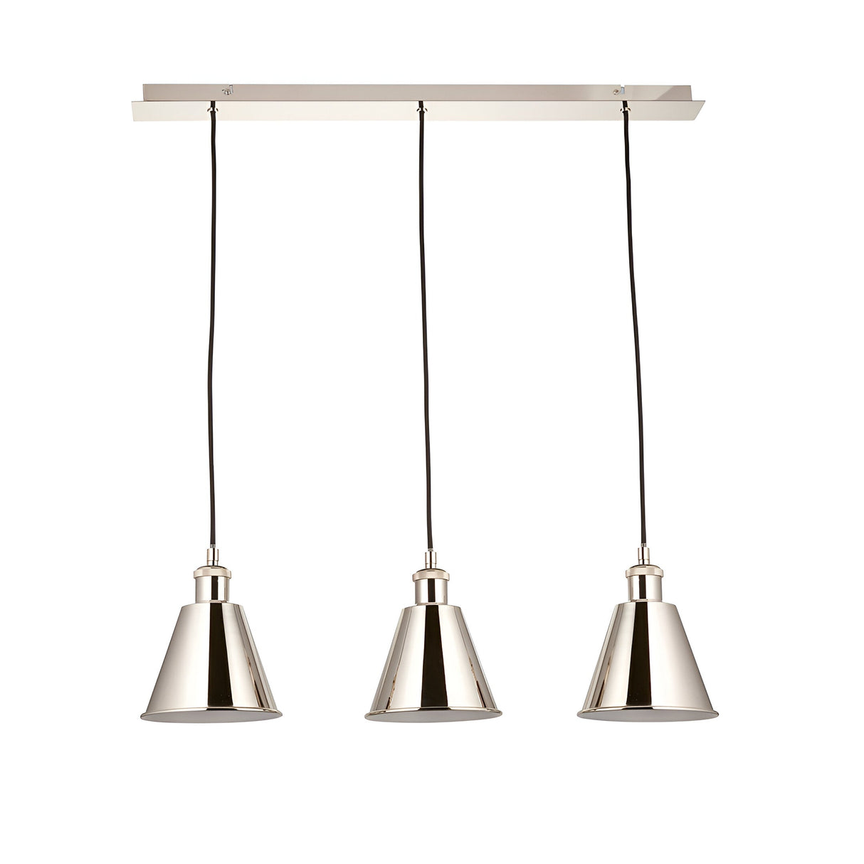 Endon Brackley 3 light linear pendant with nickel conical shades on black flex, suspended from a rectangular ceiling plate on a plain background.